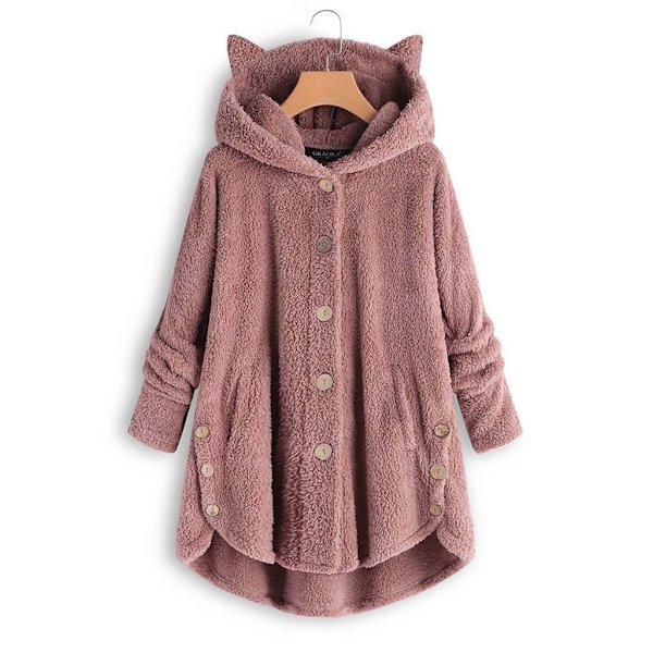 Naisten Trendikäs Epäsäännöllinen Yksivärinen Takki Plussahupun ja Kissankorvilla Pink 5XL
