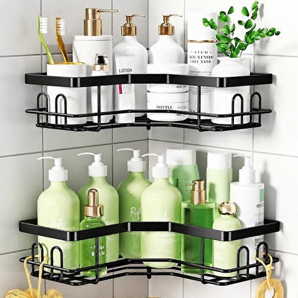 Screw-Free Wall-Mounted Corner Shelf for Bathroom — Carbon Steel Two-Piece Set with Drainage Net