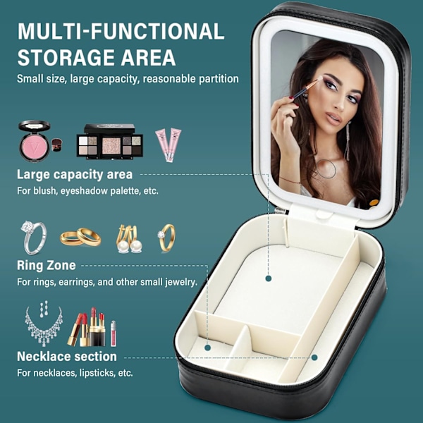 Lys Spejl Makeupboks, Kosmetik Opbevaringspose med LED Spejl | Bærbar Makeuppose - 3 Farver Med Lys Makeuppose, Rejse Makeuppose White