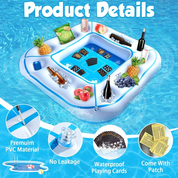 Inflatable Pool Game Table - Floating Card Table with Waterproof Playing Cards, Drink & Snack Tray - White Pool Party Float for Hot Days White