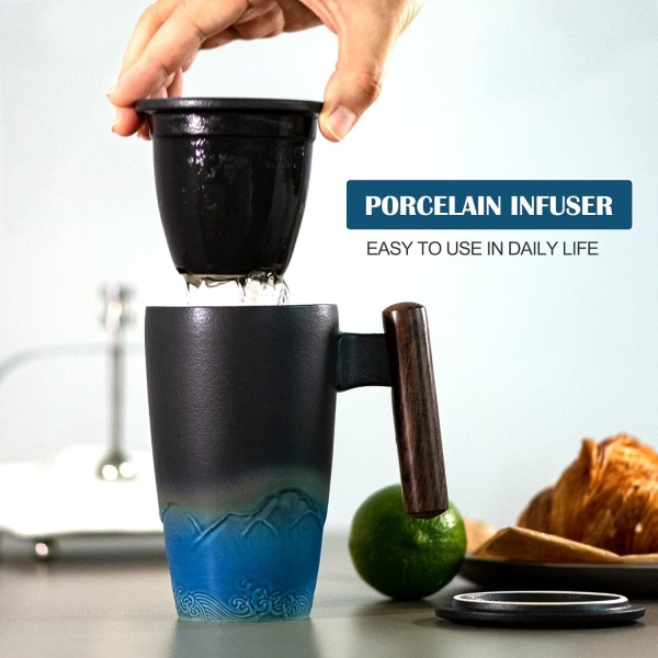 Tomotime Keramisk Tekopp med Infuser och Lock Te Koppar Trähandtag 400ml/13.5oz Svart Cyan