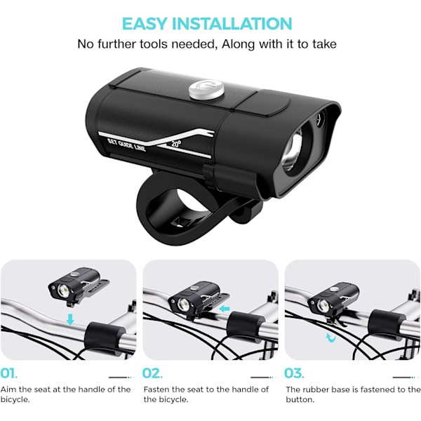 USB-ladattava pyörän valosarja, Super Bright 3 LED -ajovalo, pikakiinnitys, 360° kierto