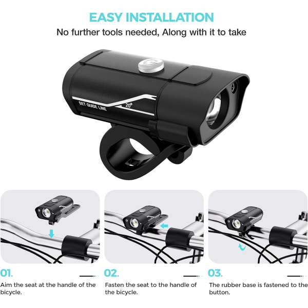 USB-oppladbar sykkellyssett, sykkellyssett superlys 3 LED-frontlys, hurtigutløsning, 360° rotasjon