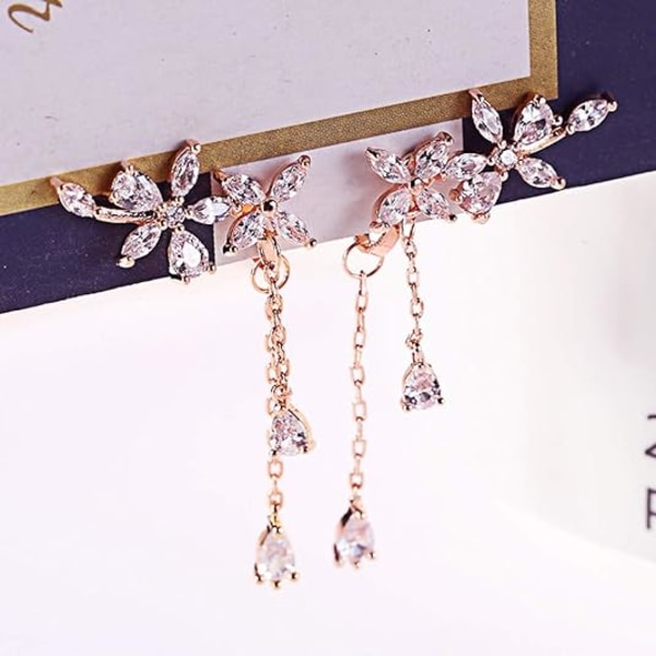 Clip på øredobber uten hull i ørene Frynser Dangle Tassel Drop Cubic Zirconia Blomst Kvinner Jenter