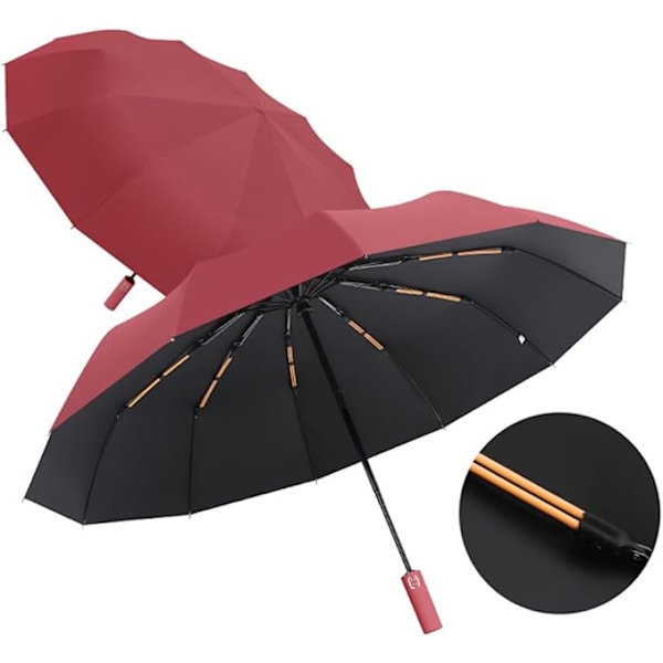 Maibar paraply vindtæt stærk kompakt 24 ribber vandtæt paraply foldbar rejseparaply vindtæt parasol til mænd og kvinder Wine Red