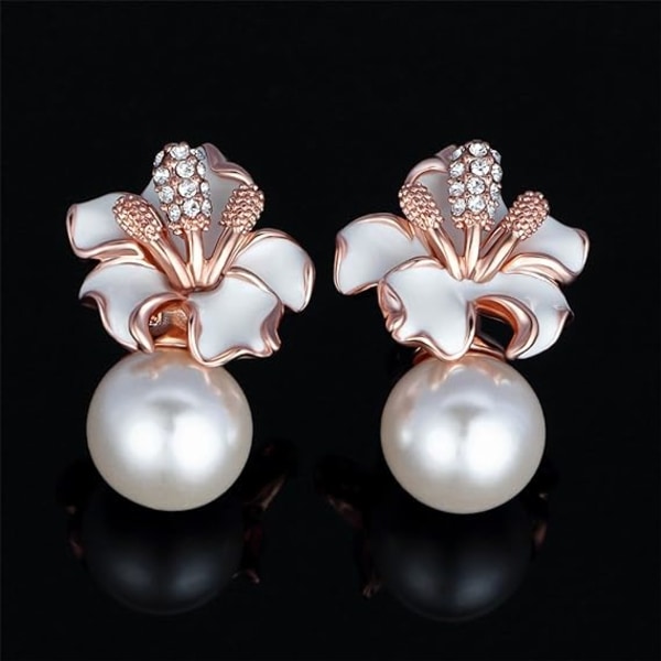 Rose Guld/Silverpläterade Flower Pearl Örhängen Stud/Clip On för kvinnor