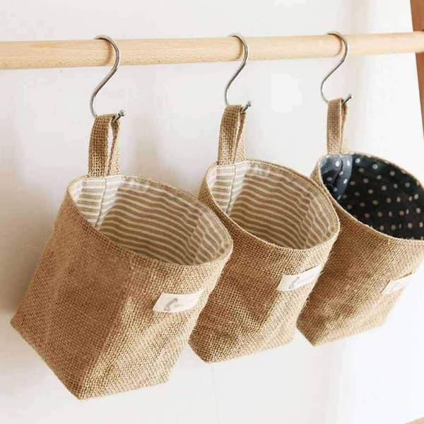 Cotton and Linen Storage Baskets, Foldable, Small Baskets with Hanger, Storage Bags for Toys, Makeup, Keys, Small Items.