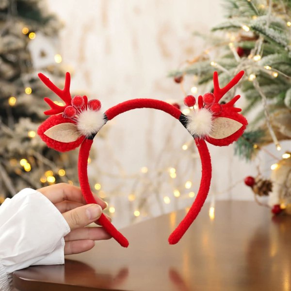 Julehodebånd for kvinner, gevirhodebånd, hodeplagg, juleelg, reinsdyr, dekorative hårtilbehør til julefest (rød)
