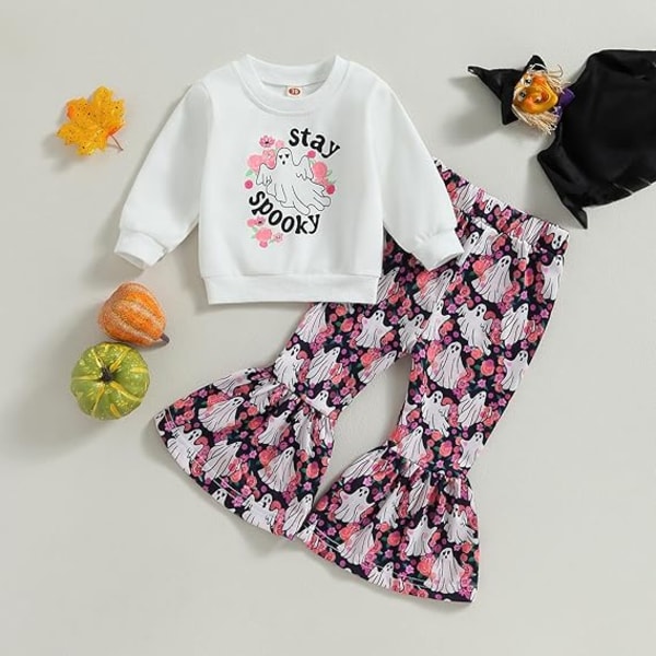 Toddler Baby Girls Halloween Tøj Kid Girl Sød Græskar Print Outfits Pullover Sweatshirts og Flare Bukser Sæt（Størrelse：90CM）Foreslå Alder: 12-18Måneder White 90cm