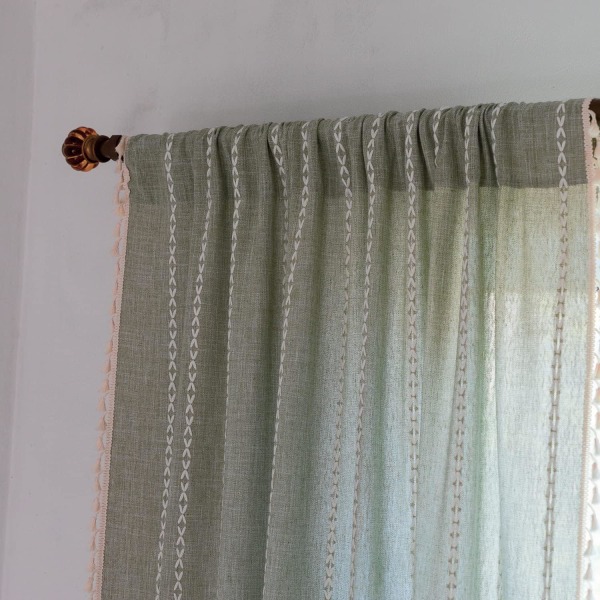Bohemian Gardiner Broderede Stribede Linned Gardiner 84 Tommer Lange 2 Stykker Soveværelse(B 132,08 cm x L 213,36 cm, Grå Grøn)