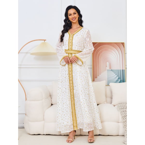 Lång dräkt förgylld Mellanöstern muslimsk klänning Elegant kjol (Vit, XL) White XL