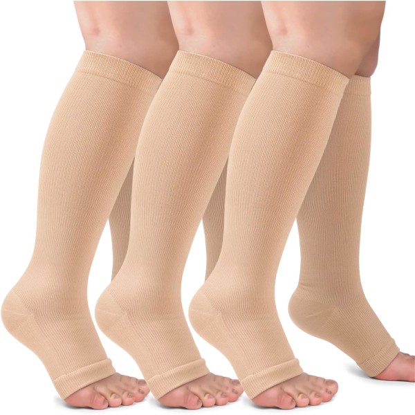 3-pack kopparkompressionsstrumpor för kvinnor och män, 20-30 mmHg öppen tå, knähöga strumpor för cirkulationsstöd/liten-medium- naken