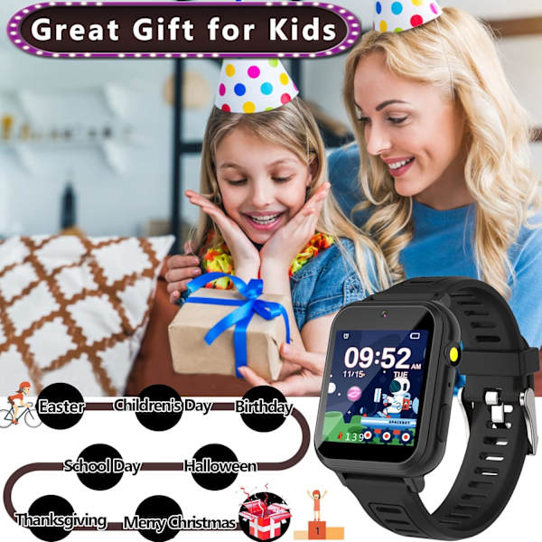 Børneure til drenge og piger, Smartwatch til børn med spil, MP3-afspiller, videokamera, alarm, lommelygte, drenge og piger legetøj fødselsdagsgave (sort)