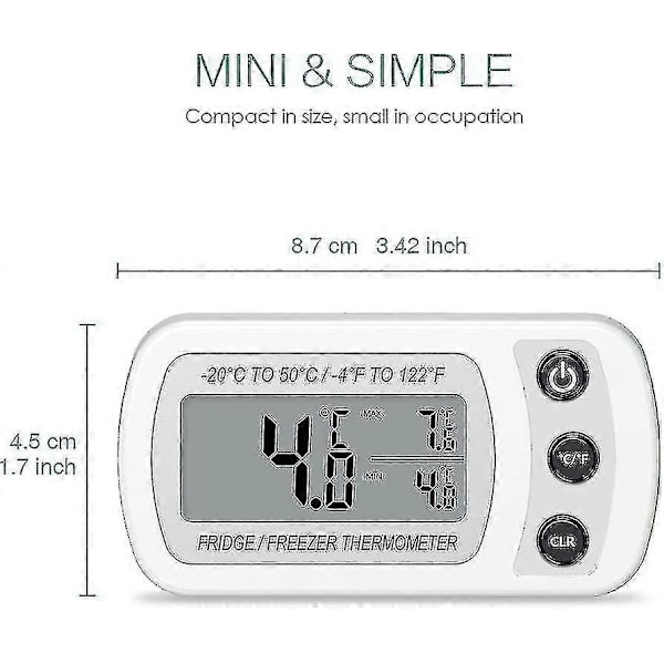 Køleskabstermometer, Digitalt Frysetermometer, Vandtæt Køleskabstermometer Med Max/min Funktion, Krog, Letlæseligt LCD-display, Til Hjemmet