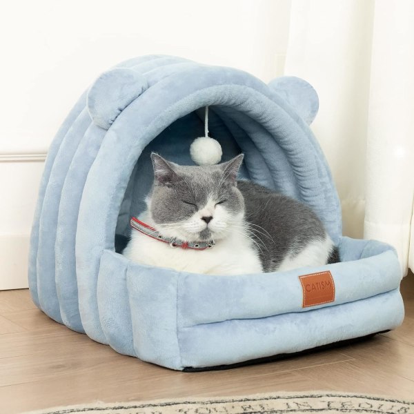 Katteseng for innendørs katter, katteseng med vendbar pute og pute, katteseng for kattunger og små hunder, premium bomull katteseng med sklisikker bunn