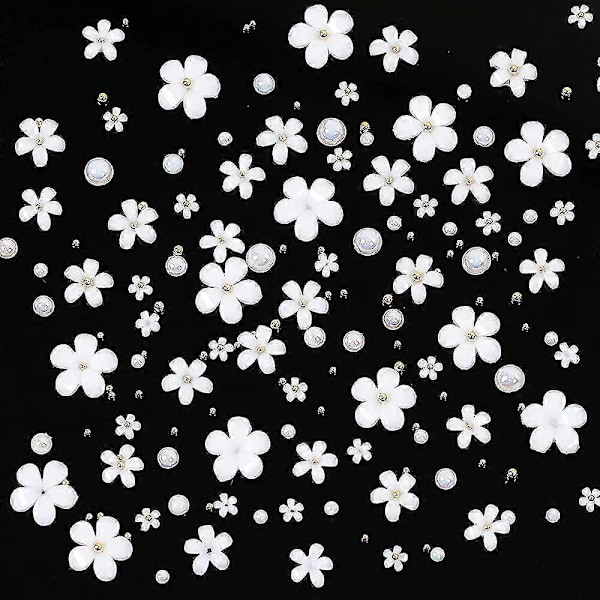 3D Blomst Neglekunst Smykker, 250 stk Hvite Blomster Negl Rhinestones Kit 3D Krystall Negl Perler Flat Design Akryl Neglekunst Studs Manikyr Negl Tilbehør