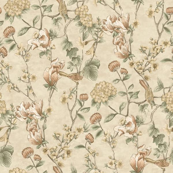 Creme Blomster Fugl Tapet