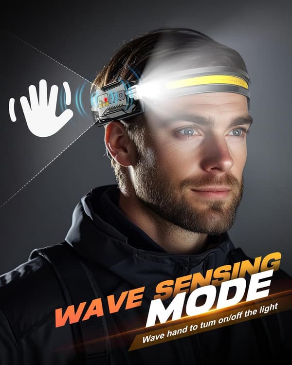 Rechargeable Headlamp with Detachable Flashlight, Motion Sensor, Waterproof, Magnetic Light for Hiking, Running, Black