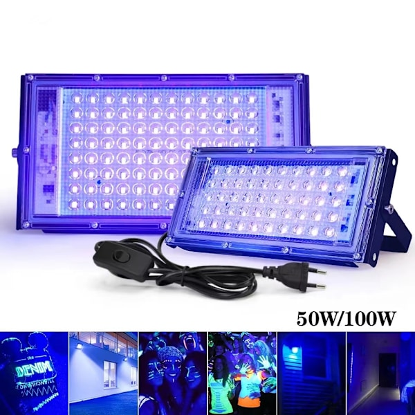LED Sort Lys Floodlight, 100W UV Sort Lys Lampe med Stik, 96 Sort Lys LED'er med Afbryder, IP65 Vandafvisende UV Floodlight Forlygte [Energiklasse A] 100W