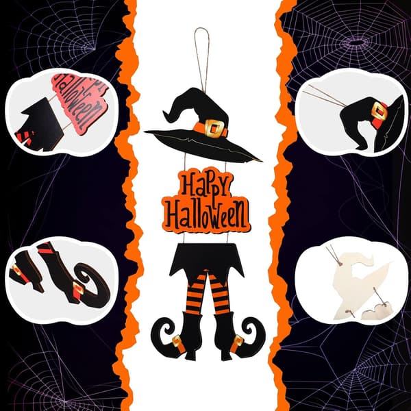 Halloween Glad Skylt Dekoration Hekseben Hat Hængende Trævægindretning Version Rustik Yderdør Hænger Efterår Kunst Ornament