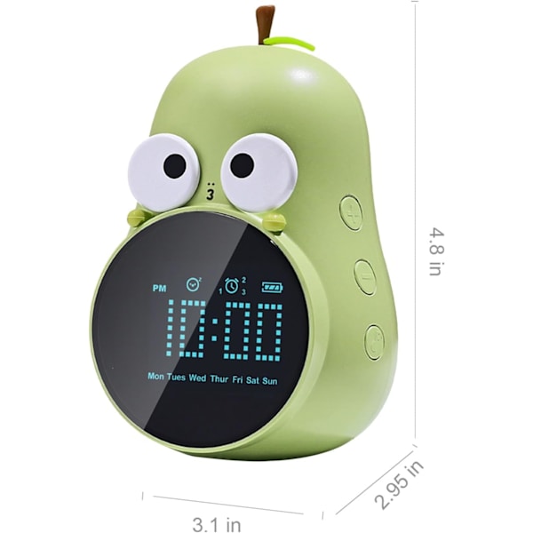 Klocka för barn: Söt päron design, snooze, trippelalarm, 5 ringsignaler - Premium digital väckarklocka för barns sovrum - Uppladdningsbar