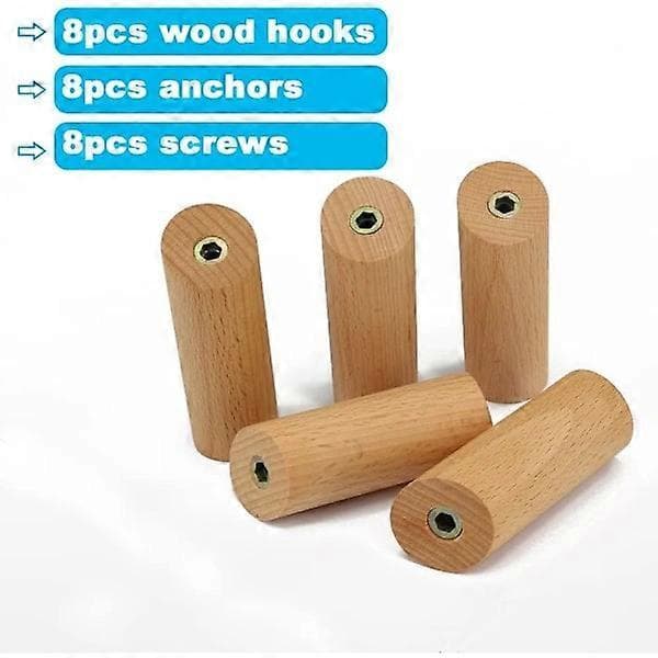 8-pack träväggkrokar, träklädkrokar, medelstora bokträcylindrar, 8 cm väggmonterade klädhängare
