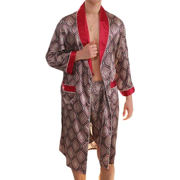 Lyxig kimono för män sommar, mjuk satinrock med shorts Nattlinne Långärmad pyjamas med printed badrockar (röd, L) Red L