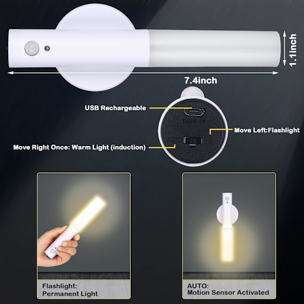 2 stk. Bevægelsessensor Natlys Magnetisk Væglampe USB LED Lys Genopladelig Stick Trådløs Trappe Indendørs Trævægslamper med Stort Batteri