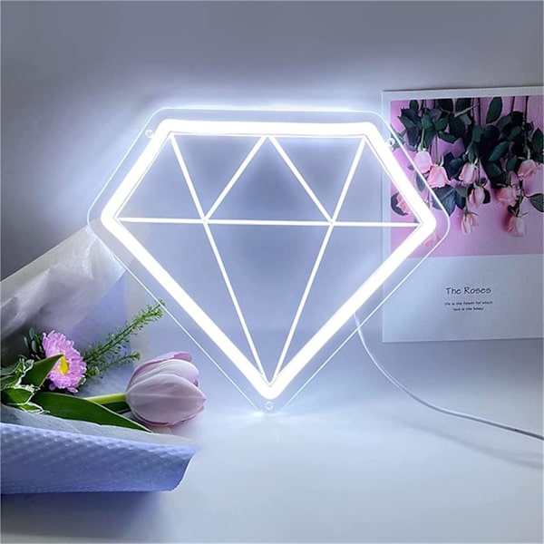 Timanttimuotoinen neonkyltti Led-mallinnusvalo Valoisa kirjaintaulu Akryylipaneeli Neonkoristevalo, 26X24cm, Violetti Hotelli(Väri: Valkoinen)