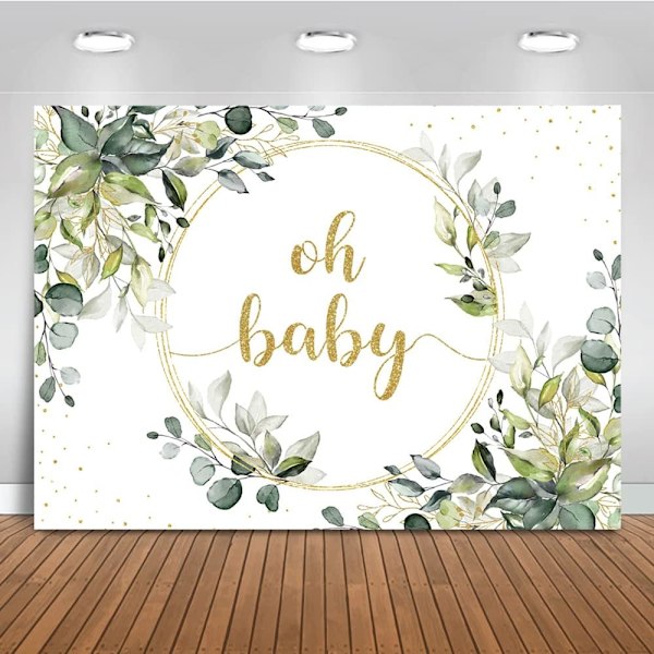 Greenery Baby Shower -tausta, kulta Oh Baby -tausta, vihreä eukalyptus Baby Shower -juhlat, kakkupöydän koristebanneri, valokuvausrekvisiitta (7x5ft)