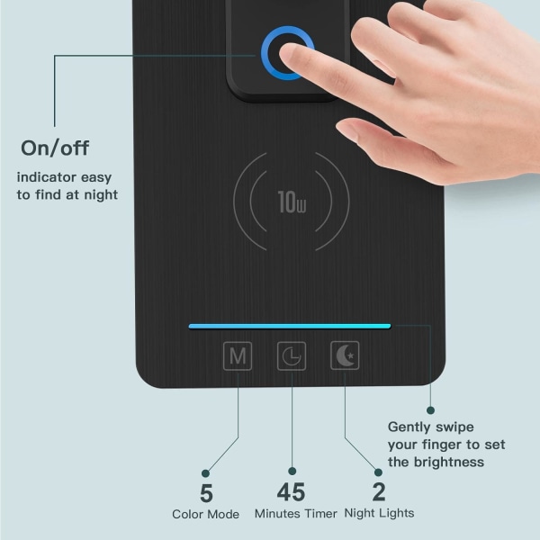 LED-skrivebordslampe med trådløs lader, USB-ladeport, skyvbar dimbar automatisk timer bordlampe med nattlys, skrivebordslamper med klokke