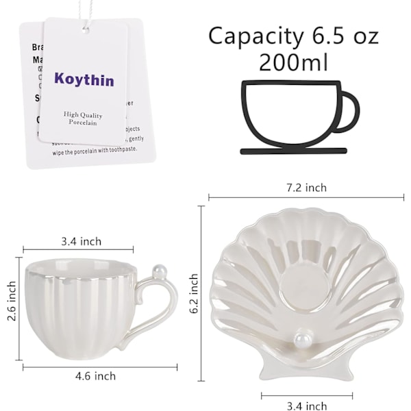 Keramisk kaffemugg med fat, kreativ pärlskalkopp, söta kaffemuggar för kontor och hem, 6,5 oz/200 ml för te latte mjölk (pärlvit)