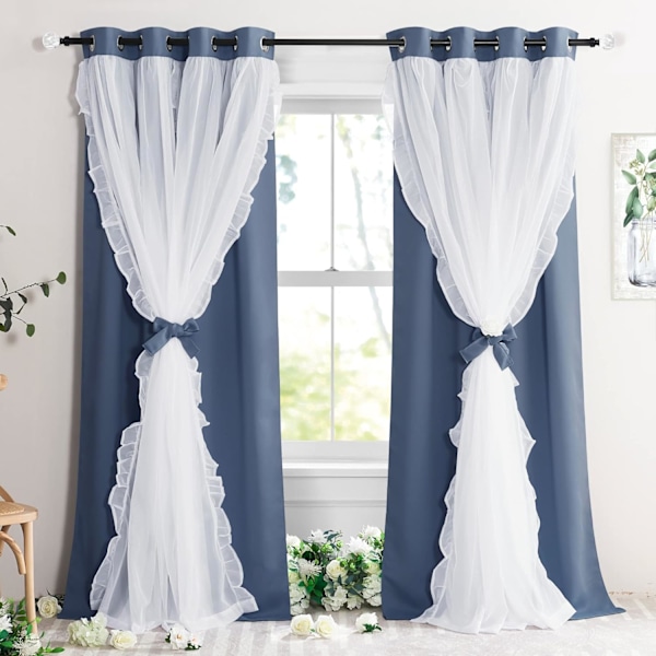 Dekorative franske landlige gardiner med elegant design og knytebånd, 132,08 cm B x 213,36 cm L, blå tåke, 2 deler