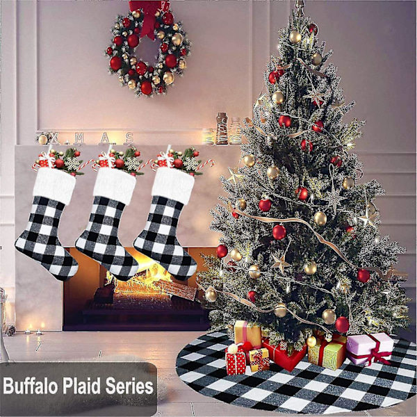 Julestrømper - 4 Pakning 45 cm Buffalo Plaid Julestrømper med Hvit Plysj Fuskepelskant, Familie Juleferie Selskap