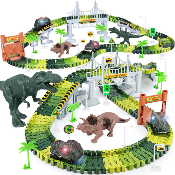 Dinosaurie leksaker, skapa en dinosaurie världsväg race, flexibel spår lekset och 2 st coola dinosauriebilar för 3 4 5 6 år & upp gamla pojkar flickor bästa present