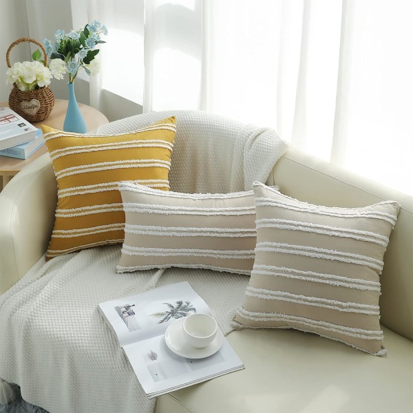 Bohemisk dekorativ kuddfodral 12x20 set, neutral randig kuddfodral, Khaki bomull linne midjekuddfodral, soffa vardagsrum