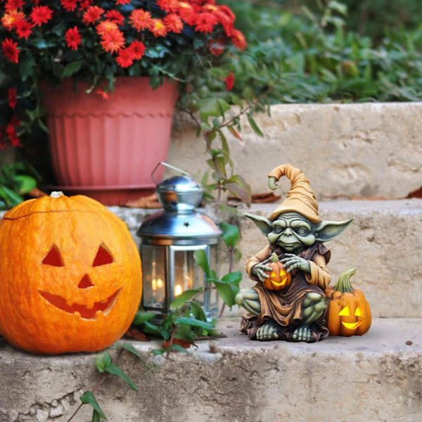 Græskar Alien Statue | Kreativ Alien Græskar Halloween Statue - Håndmalet Resin Græskar Ornament til Udendørs, Have, Veranda, Hjem