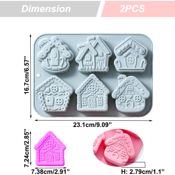 2 st Pepparkakshus Molds 6 håligheter Silikon Village Molds För tårtdekorering Choklad Godisglasyr