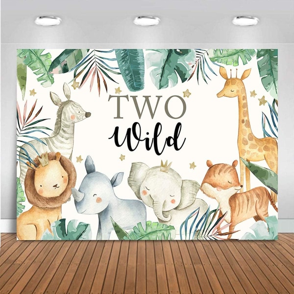 Two Wild Birthday Backdrop 7x5ft Jungle Theme Safari Animals 2nd Background Banner Vinyl Boy's Girl's 2 Years Old Birthday Party Decorations (7x5ft)