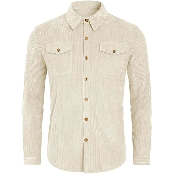 Miesten samettipaita, beige, pitkähihainen, napitettava Trucker-takkipaita, rento työpaita taskuilla (koko: XXL)