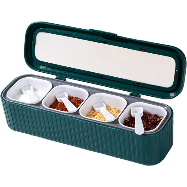 Spice Box Set, 4 Piece Spice Rack Seasoning Pot, Storage Container Seasoning Jar for Spices, Kitchen Container with Lid and Spoon (Dark Green)