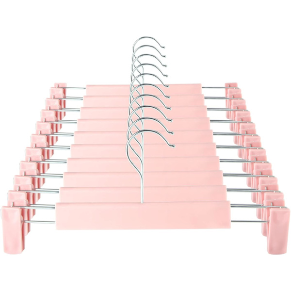 Platsbesparande kjolhållare med 360 ° vridbara krokar, justerbara klämmor, byxhängare, klädhängare för jeans (10-pack, rosa)