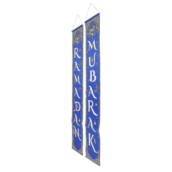 2 stk. Eid Mubarak Verandaskilt Vandtæt Blå Baggrund 100D Polyester Ramadan Mubarak Hængende Banner til Indendørs Udendørs
