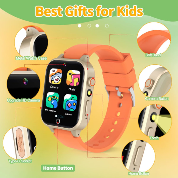 Børne Smartwatch HD Touchscreen Kamera 26 Spil Musik Afspiller Video Alarm Trin Tæller, Drenge Piger Legetøj Fødselsdag Gaver til 4-12 År Gamle (Orange)