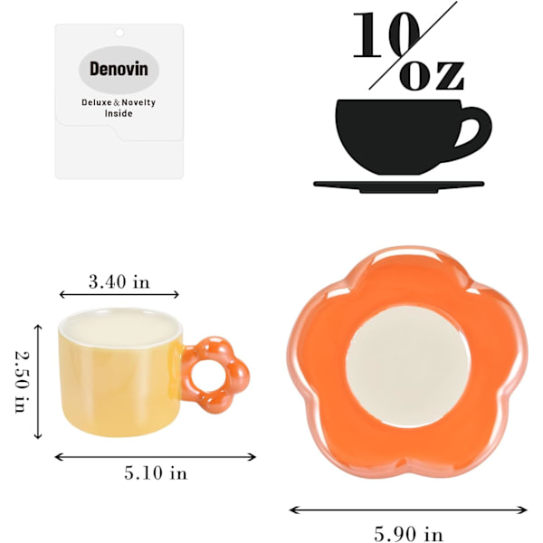 Keramisk kaffekop og underkop sæt, cappuccino espresso demitasse sød blomst form krus underkop, 10oz perfekt til mælkete latte havregryn (perle orange)