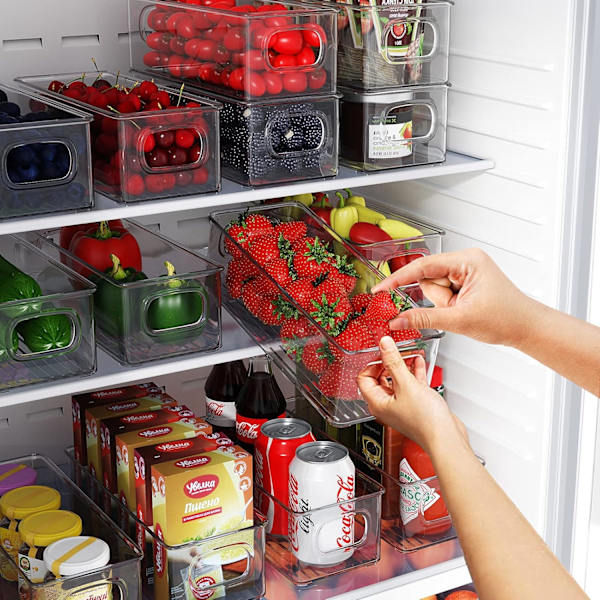 Fridge Organizer Set of 4, Stackable Storage Bins, Small Refrigerator Organizer Bins with Handles for Kitchen, Freezer, Pantry