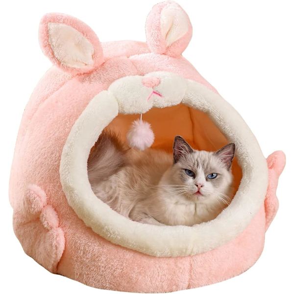 Kattbädd lämplig för inomhuskatter, kattält plyschhus kanindesign kattungebädd med pom poms söt mjuk katthål rosa liten storlek