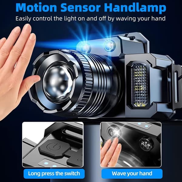 Rechargeable LED Headlamp with Motion Sensor, Super Bright Headlamp with Red/White/Blue Light, Waterproof Headlamp for Adults