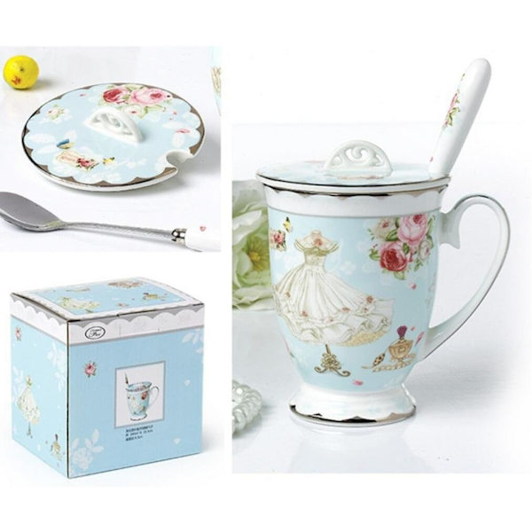 Euro Style Porcelæn Te-kop Kaffe Krus med låg til Morgenmad Hjem Køkken ((Sommerfugle Mønster) (Blå))