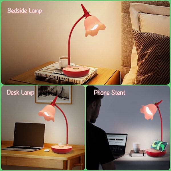 Trådløs skrivebordslampe estetisk, 3 moduser dimbar blomsterskrivebordslampe, rosa skrivebordslampe med svanehals, 2000mAh oppladbar øyevennlig LED-estetikk